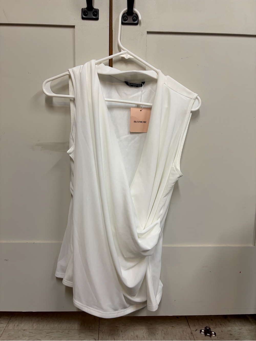 BloomChic White Draped V-Neck Sleeveless Top